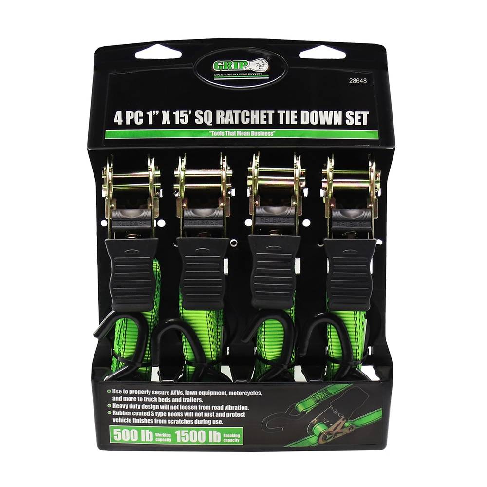 Grip-on Tools 4 PC 1 IN X15 FT RATCHET TIE DOWN SET | 28648