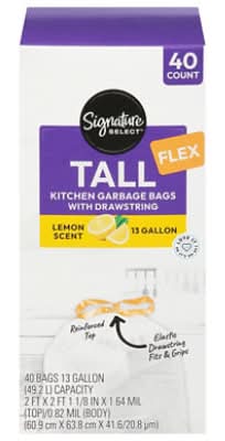 Signature Select Tall Drawstring Kitchen Garbage Bags 13 Gallon, Lemon (40 ct)