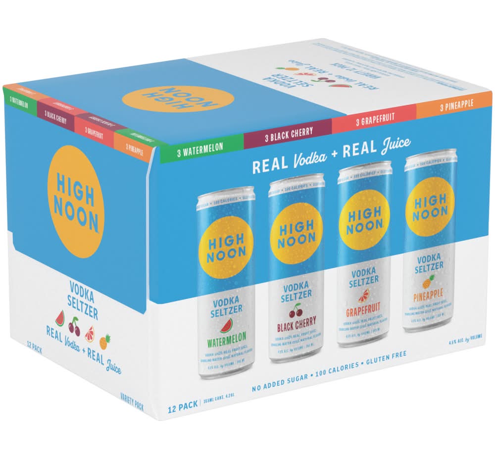 High Noon Gluten Free No Sugar Added Hard Seltzer, Watermelon-Black Cherry-Grapefruit-Pineapple (12 x 12 fl oz)