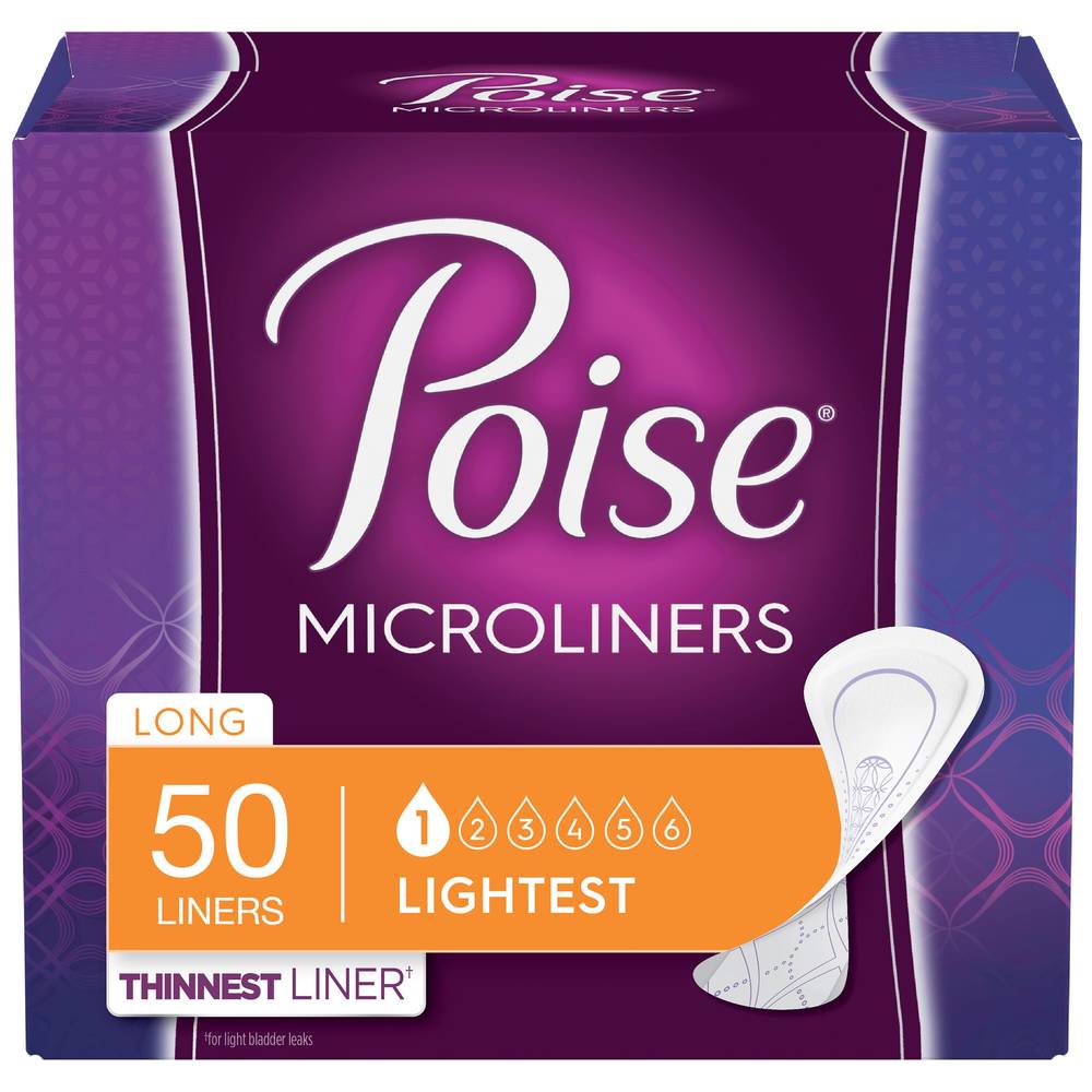 Poise Microliners Incontinence Panty Liners Lightest Absorbency, Long, 50 Ct