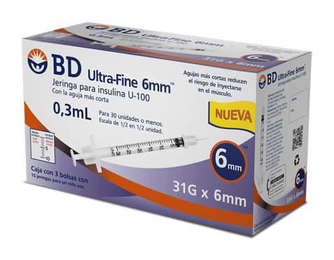 BD · Jeringas para insulina u-100 ultrafina, 6 mm (30 un)