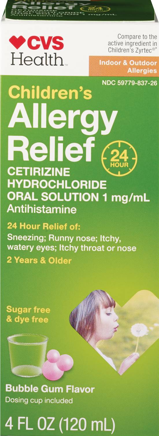 CVS Health Children's 24HR Allergy Relief Cetirizine HCl Oral Antihistamine, Bubblegum, 4 OZ