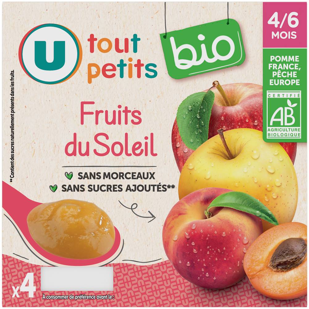 U Tout Petits Bio - Pots dessert aux fruits du soleil dès 4 à 6 mois (pomme, pêche)