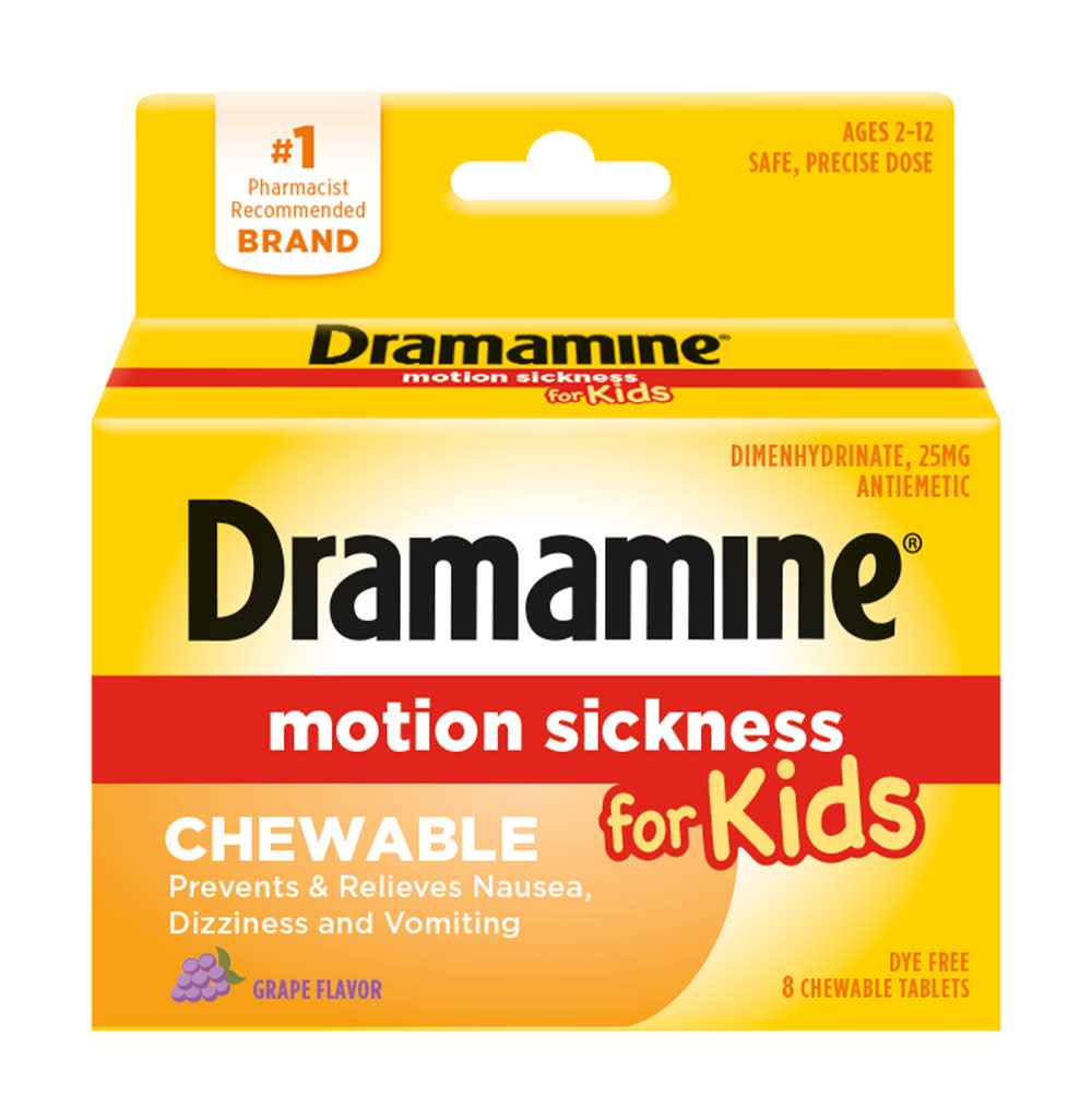 Dramamine Kids Chewable Motion Sickness Relief Tablets For Nausea Dizziness & Vomiting, Grape (8 ct)