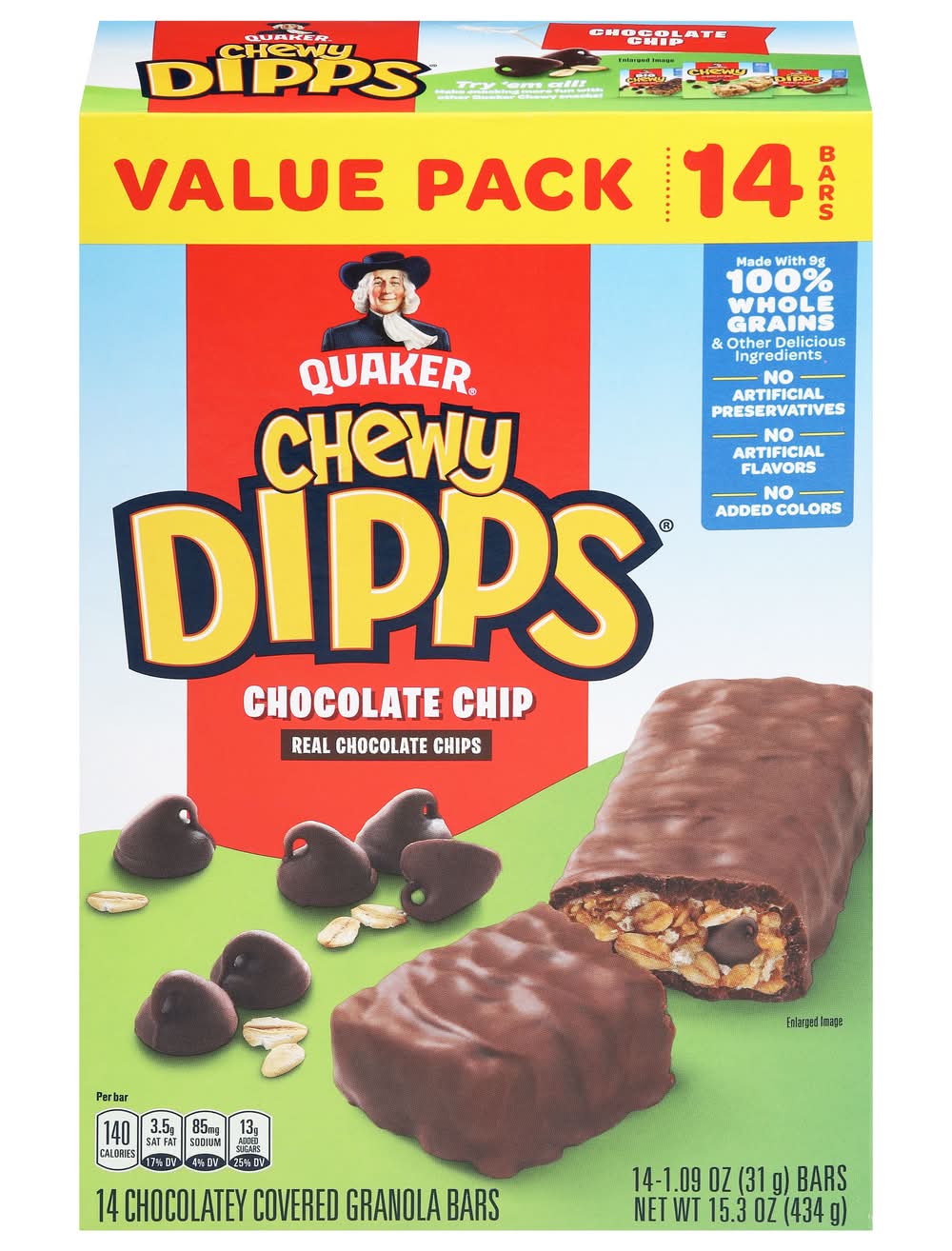 Quaker Chewy Dipps Chocolatey Covered Granola Bars, Chocolate Chip (14 x 1.09 oz)