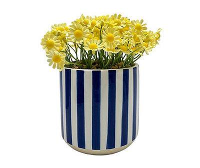 Artificial Yellow Flowers in Blue Stripe Ceramic Planter