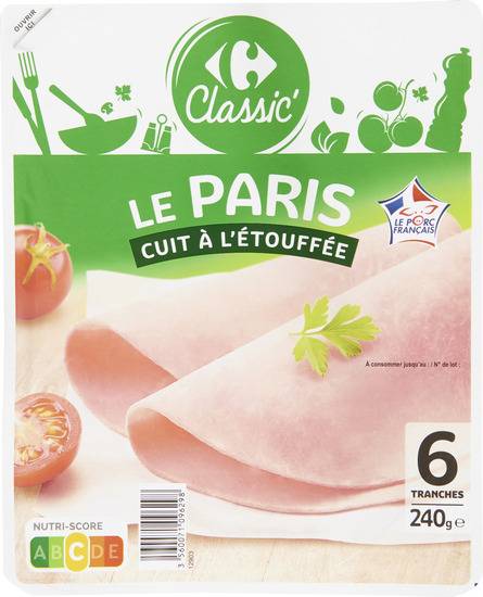 Jambon Le Paris cuit à l'étouffée CARREFOUR CLASSIC' - le paquet de 6 tranches - 240g