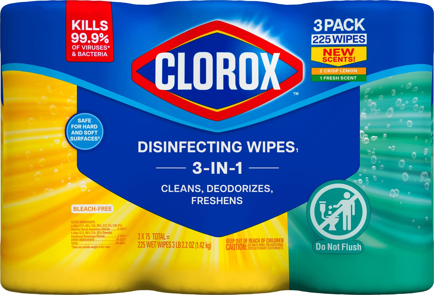 Clorox 3-In-1 Bleach Free Disinfecting Wipes, Crisp Lemon-Fresh (3 x 75 ct)