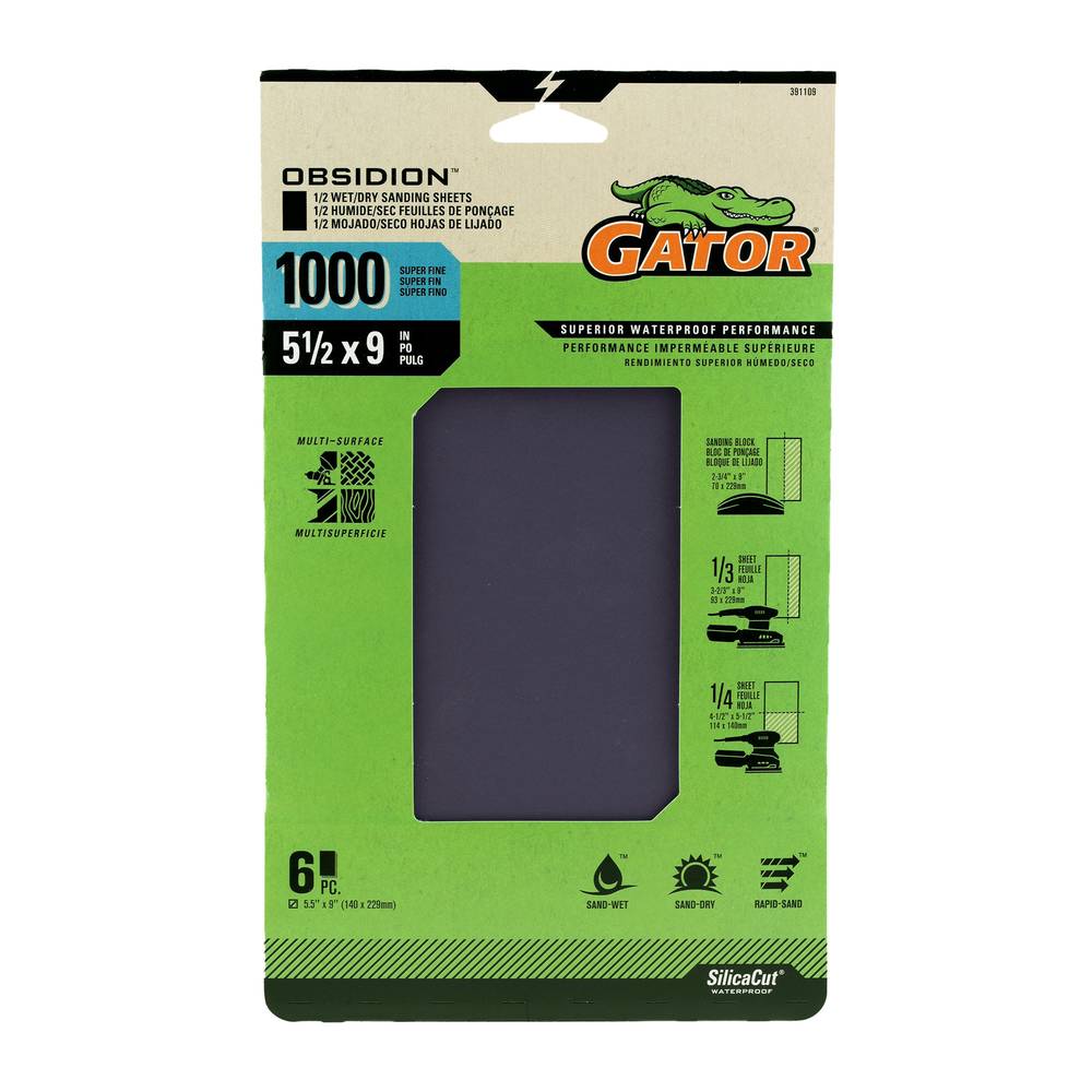 Gator Obsidion 6-Piece Silicon Carbide 1000-Grit Sheet Sandpaper | 391109