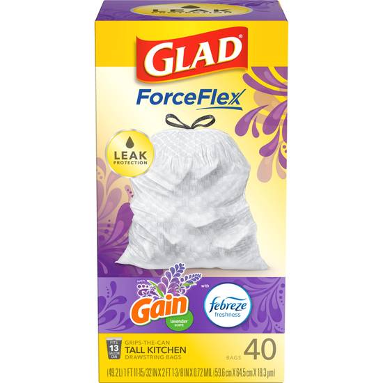 Glad ForceFlex Tall Kitchen Trash Bags, 13 Gal Drawstring, Gain Lavender scent, 40 ct