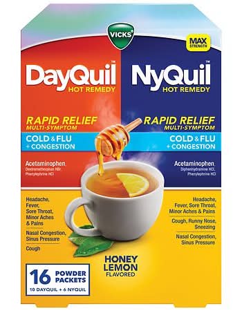 Vicks Ayquil and Nyquil Hot Remedy Cold Flu Powder Drink, Honey-Lemon (16 ct)