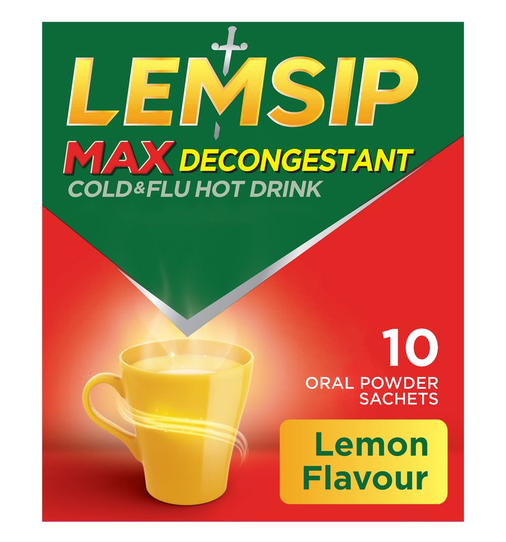 Lemsip Max Decongestant Cold & Flu Hot Drink Oral Powder Sachets, Lemon (10 pack)