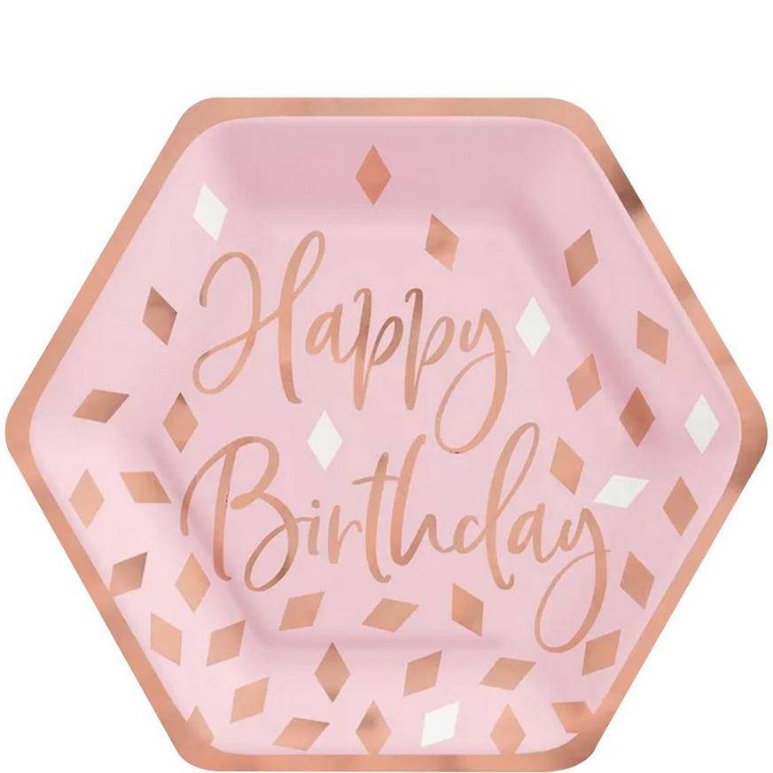 Party City Metallic Blush Birthday Hexagon Dessert Plates (7in)