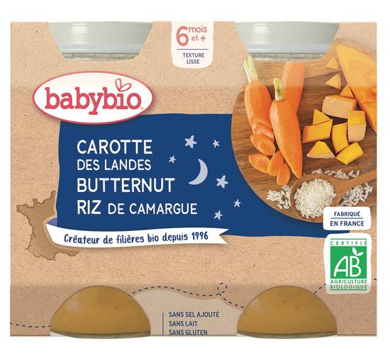 Babybio - Carotte des landes, butternut et riz de camargue bio dès 6 mois et + (2 pièces)