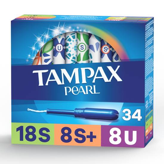 Tampax Pearl Tampons, Super/Super Plus/Ultra Absorbency with LeakGuard Braid, Triple Pack, Unscented, 34 Count