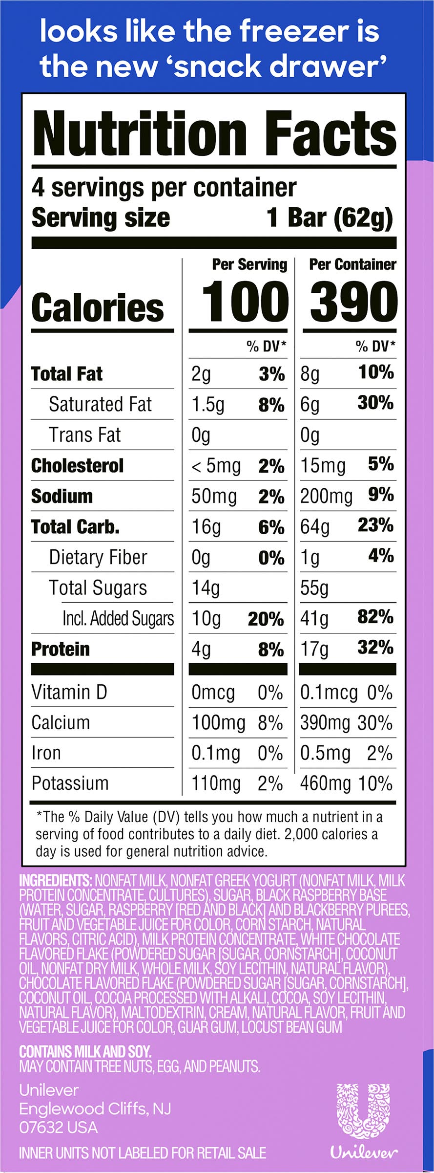 Yasso Frozen Geek Yogurt Bars, Black Raspberry Chip (14 fl oz, 4