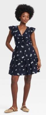 Women's Flutter Short Sleeve Mini Skater Dress - Universal Thread™ Navy Blue Floral XS: V Neck, Lightweight Denim