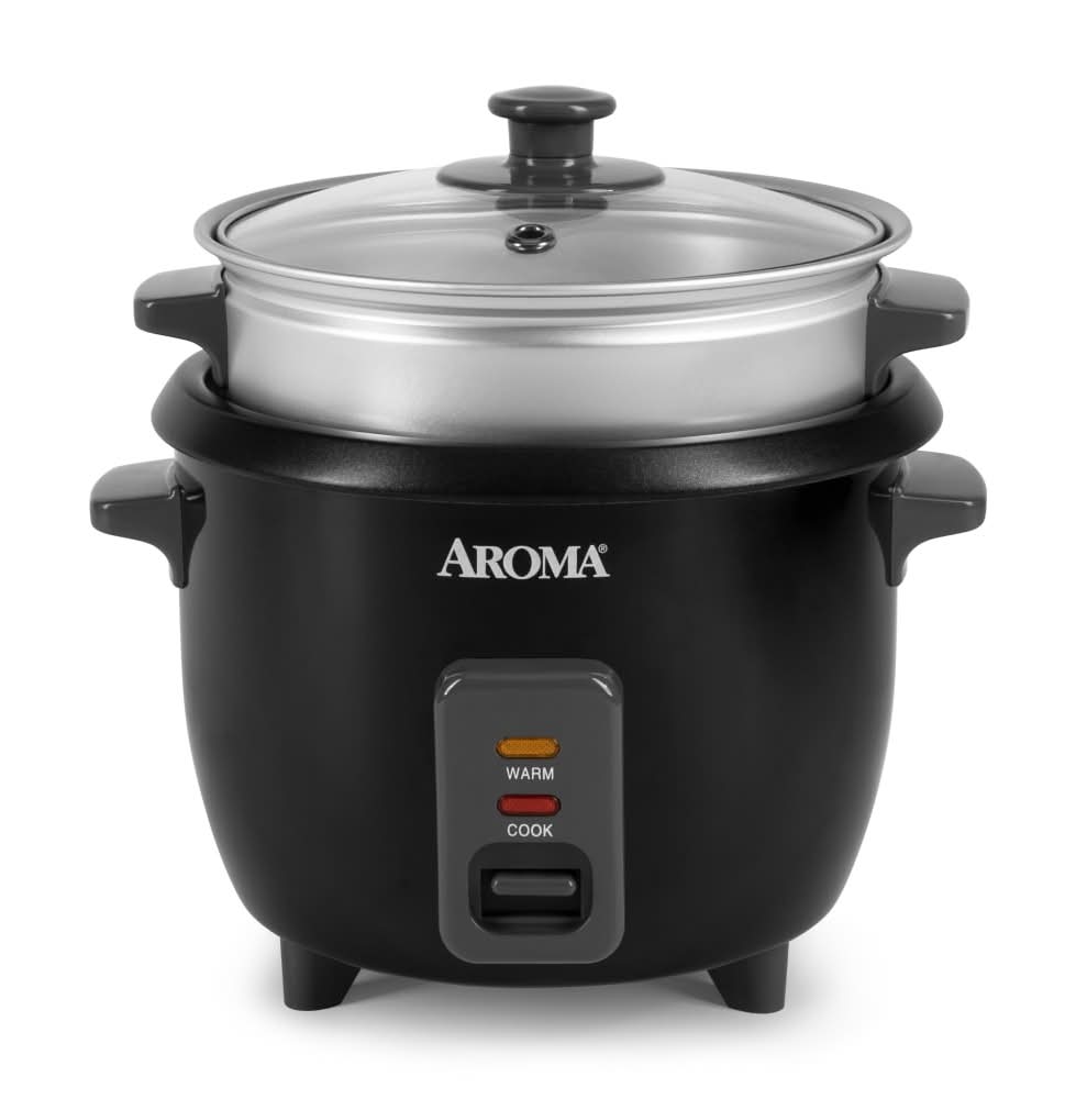 Aroma Pot Style Rice Cooker & Food Steamer 6 Cup, Black/Silver