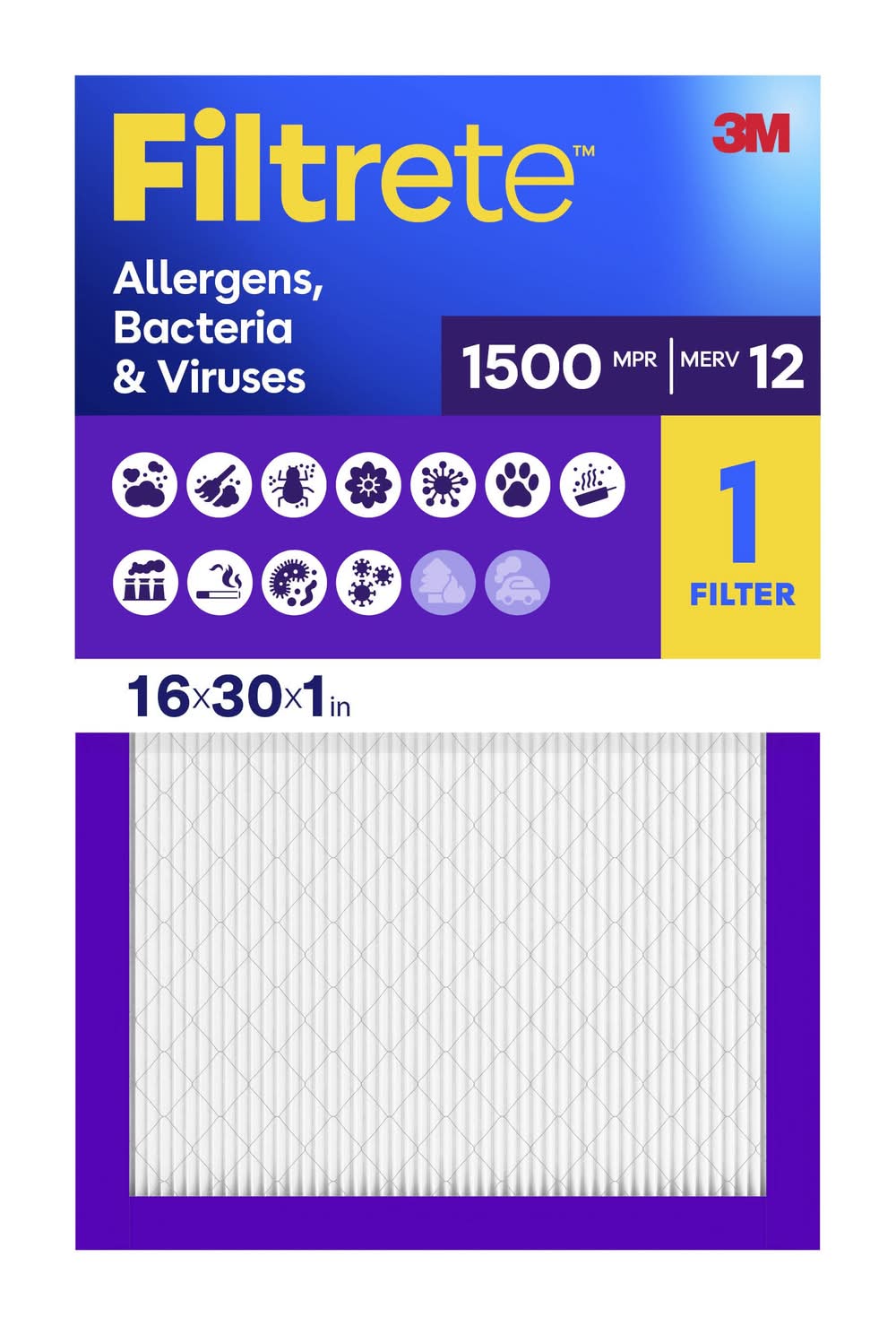Filtrete 16 x 30 x 1 MERV 12 1500 MPR Allergens, Bacteria Viruses Electrostatic Pleated Air Filter