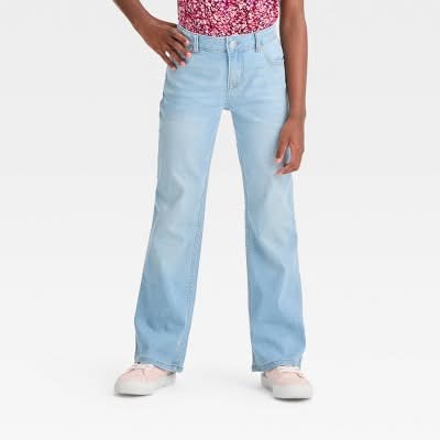 Girls' Mid-Rise Bootcut Jeans - Cat & Jack™ Light Wash 12: Adjustable Waistband, Denim Stretch