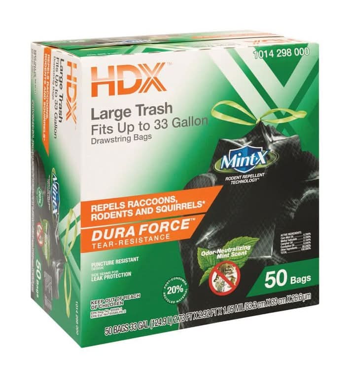 Hdx 33 Gal. Black Rodent-Repellent Draw String Large Trash Bag (50-Count)