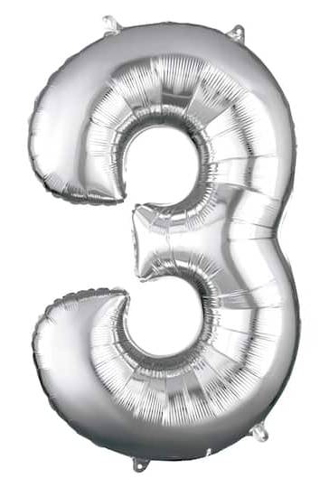 Inflated Number 3 Foil Balloon, Silver