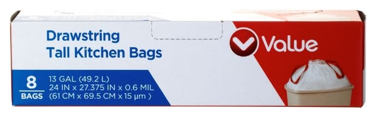 Value Drawstring Tall Kitchen Trash Bags 13 Gallon, 61x69.5 cm x 15 µm (8 ct)