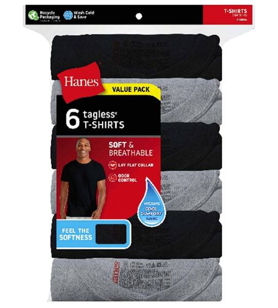Hanes Crew Neck T-Shirts Value pack, Men, 2XL, Black-Gray (6 ct)
