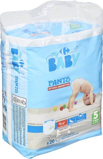 Couches culottes taille 5 junior : 12-18 kg CARREFOUR BABY - le paquet de 20