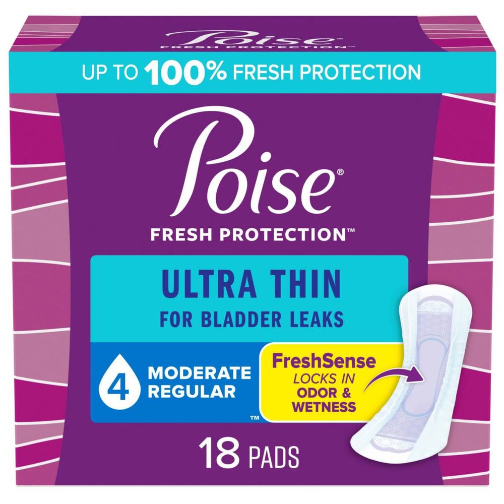 Poise Ultra Thin Incontinence Pads Moderate Absorbency, Regular Length, 18 Ct