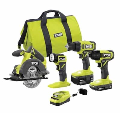 Ryobi One+ 18V Cordless 4-Tool Combo Kit With Compact Battery, 4.0 Ah Battery, And Charger