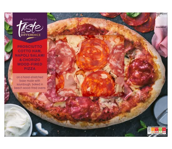 Sainsbury's Taste the Difference Prosciutto Cotto Ham Napoli Salami & Chorizo Wood Fired Pizza (452g)