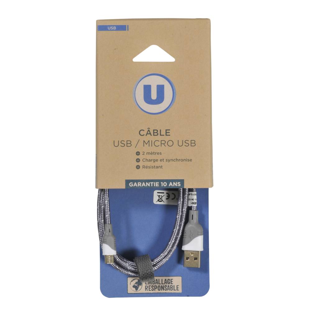 U - Cable long micro usb 2m gris