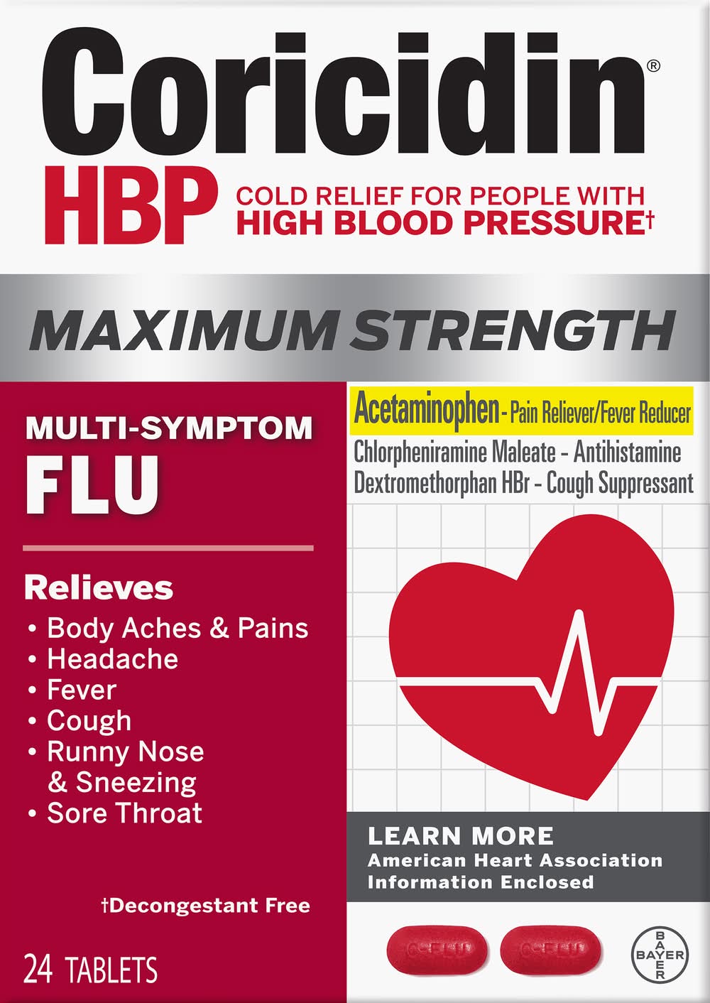 Coricidin Hbp Maximum Strength Acetaminophen Multi-Symptom Flu Pain Relief (24 ct)