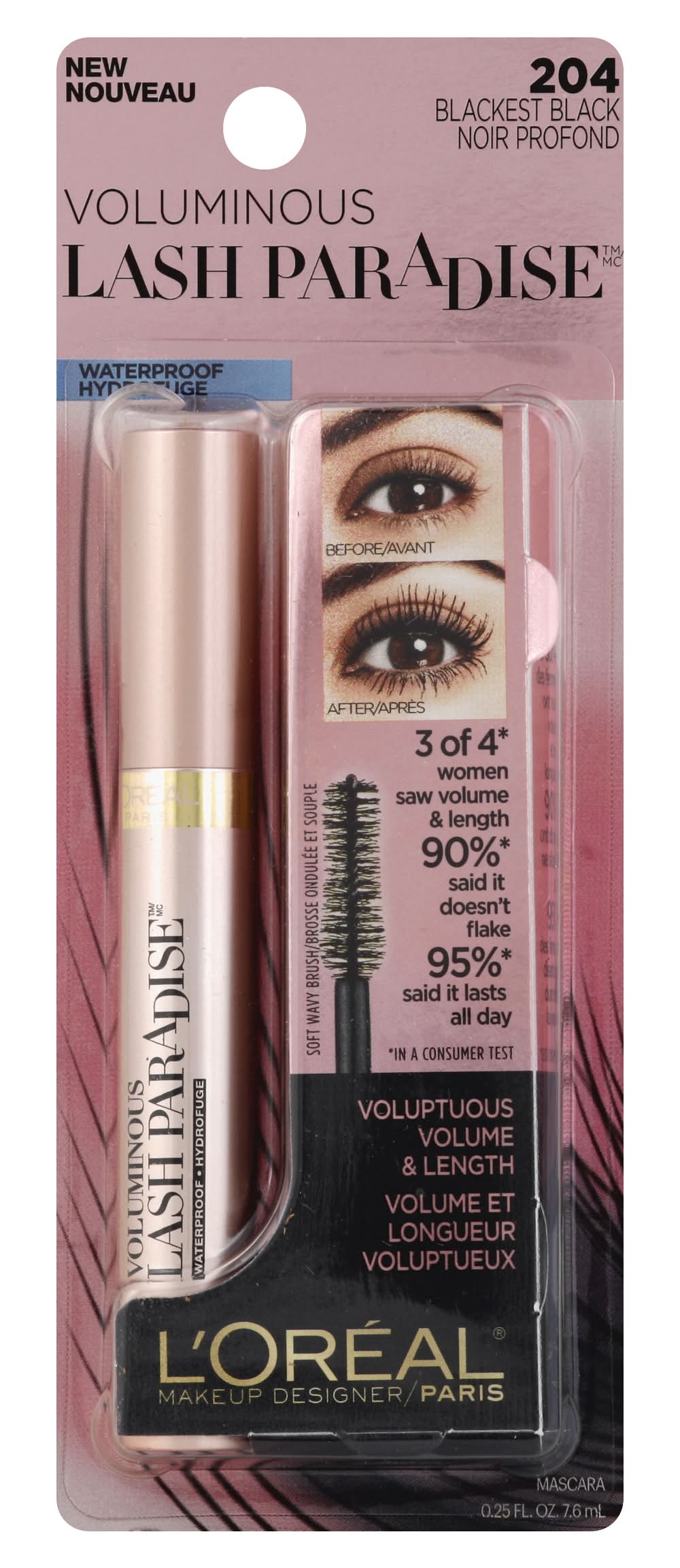 L'Oréal 204 Blackest Black Lash Paradise Waterproof Mascara (0.3 fl oz)