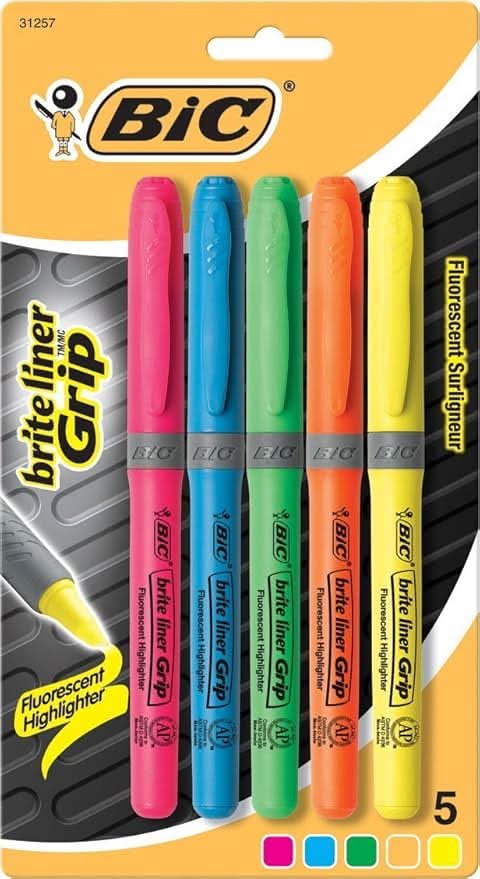 Highlighter Brite Liner Grip 5 Pack Assorted