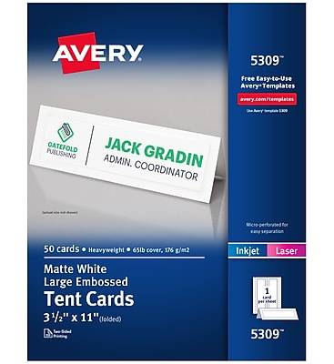 Avery Large Embossed 3.5 x 11  White Matte Table Tent, Inkjet/Laser, 50/Pack (05309)