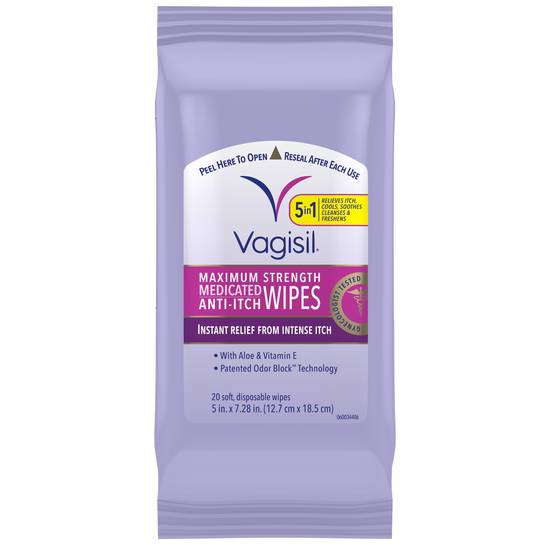 Vagisil Anti-Itch Medicated Wipes, Maximum Strength, 20 Wipes