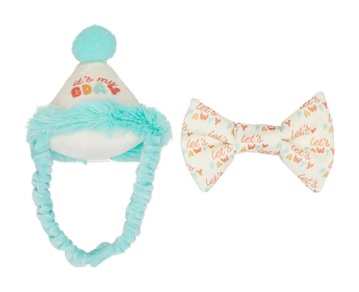 Pearhead Pet Happy Purrday Bowtie and Hat Birthday Set For Cats, White (2 ct)