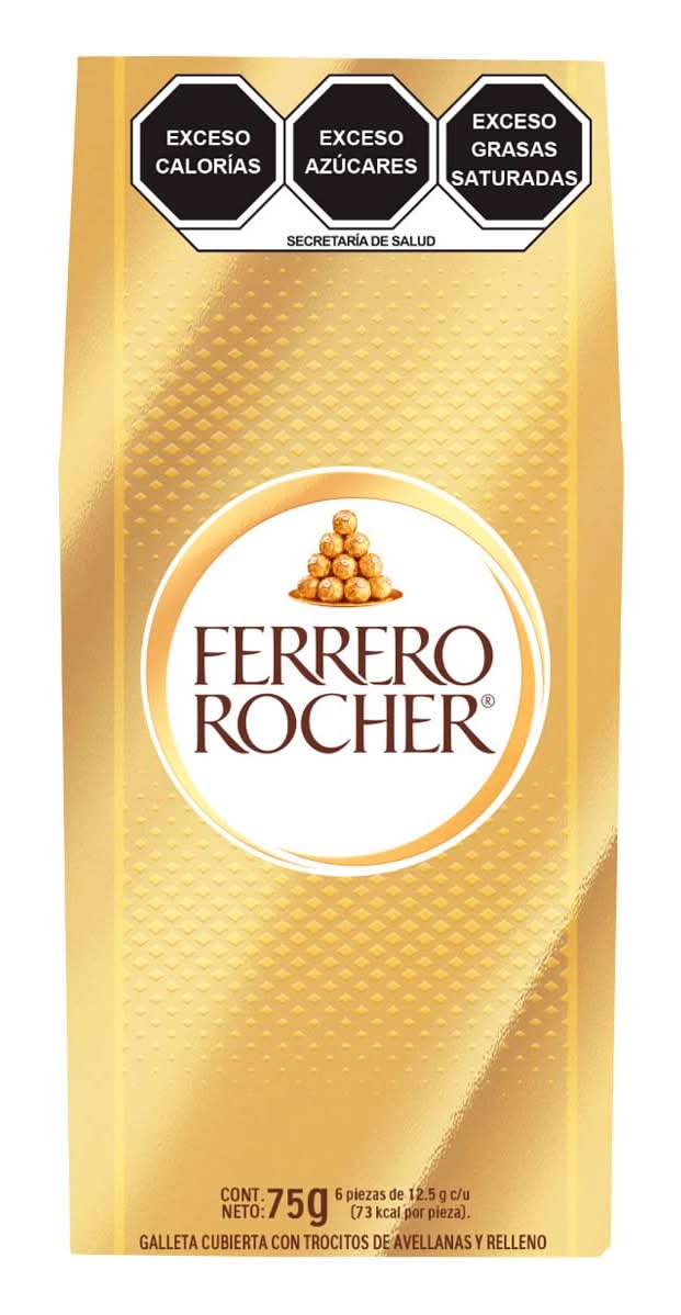 Ferrero Rocher · Bombón de chocolate relleno recubierto, avellanas (6 un)