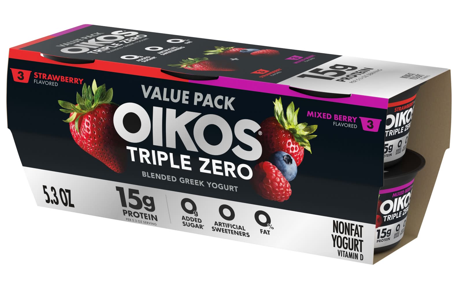 Oikos Triple Zero Strawberry / Mixed Berry Greek Nonfat Yogurt (15.9 oz, 6 ct)