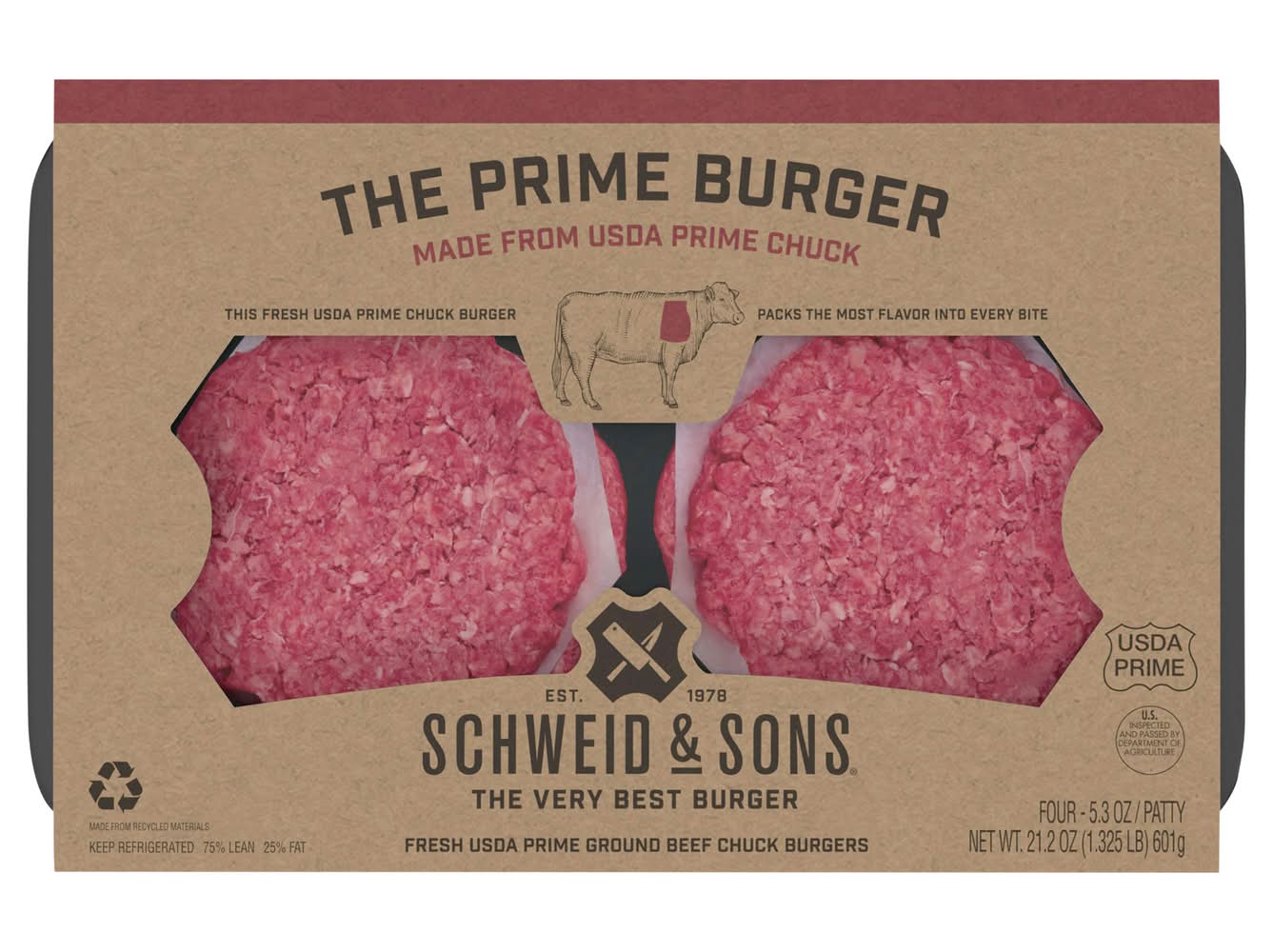 Schweid & Sons The Prime Ground Beef Chuck Burgers (4 x 5.3 oz)