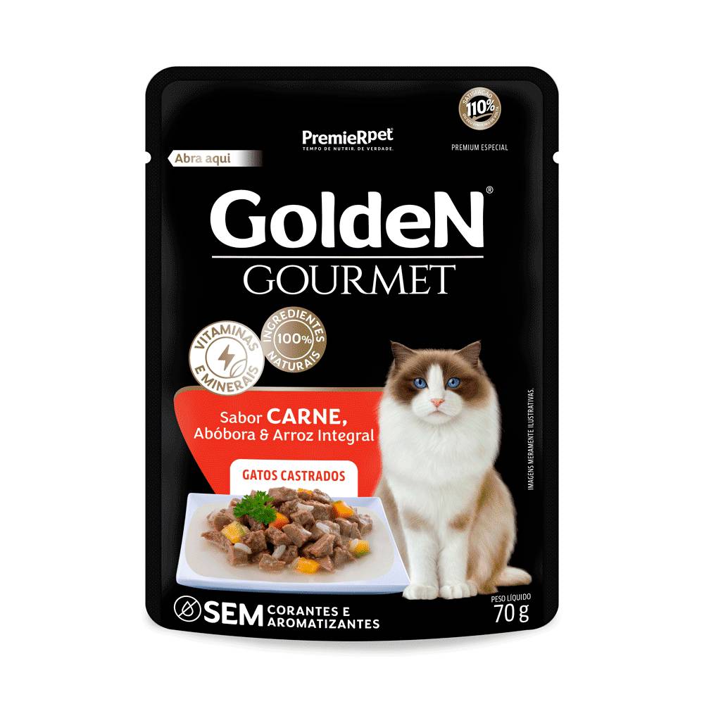 PremieRpet · Ração úmida para gatos castrados sabor carne, abóbora e arroz integral golden gourmet (70 g)