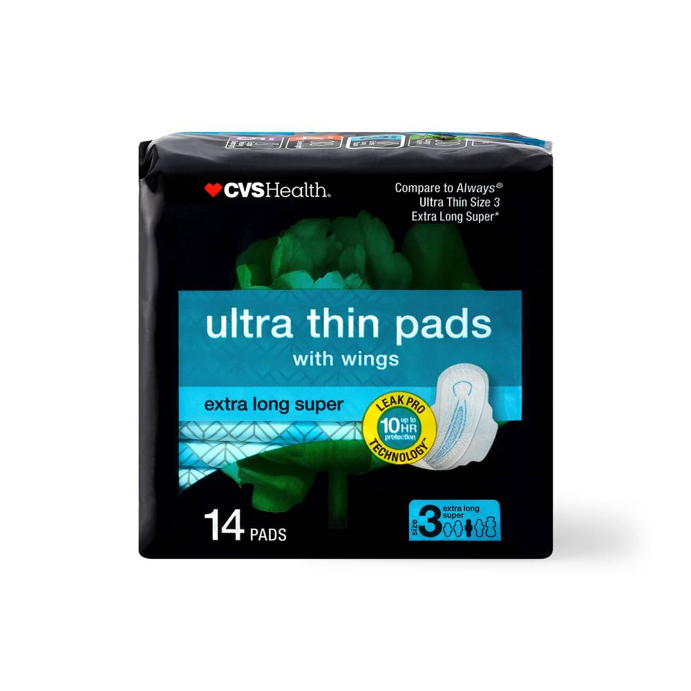 Cvs Health Ultra Thin Pads With Wings, Extra Long Super, 14 Ct