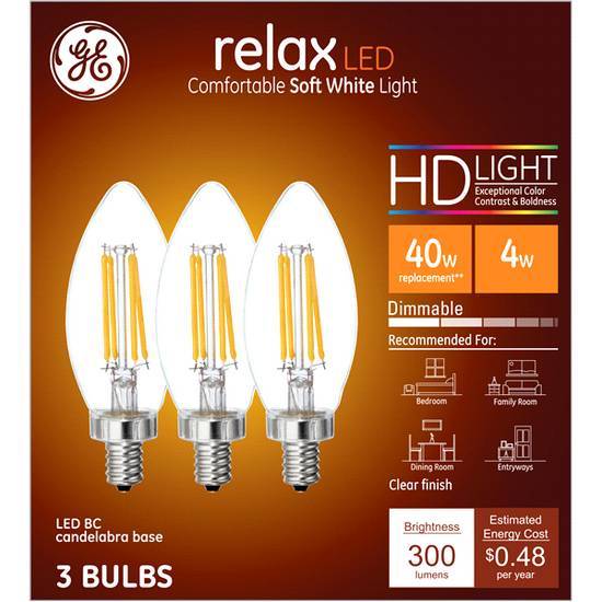 Ge Relax Hd Led 40w Eq Clear Decorative Candelabra Base Blunt Tip Dimmable Light Bulb 3-pack