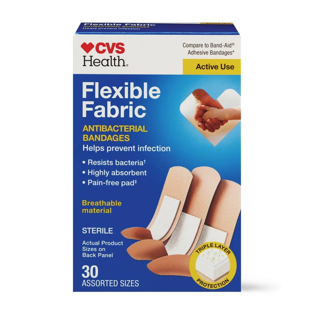 Cvs Health Flexible Fabric Anti-Bacterial Bandages, Assorted Sizes, 30 Ct