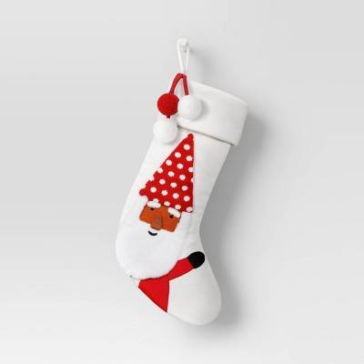 20" Santa in Polka Dot Hat Christmas Stocking with Pom Poms White/Red - Wondershop™: Classic Holiday Decor, Polyester