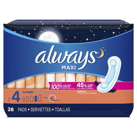 Always Maxi Size 4 Overnight Pads Without Wings Unscented (28 pieces)