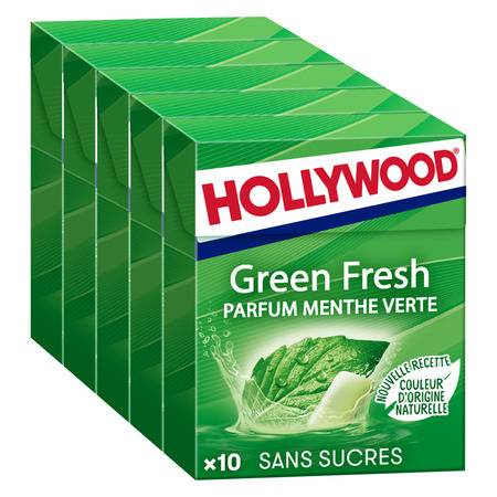 Chewing-gum menthe verte s/sucres HOLLYWOOD - les 5 boites de 10 dragées - 70 g