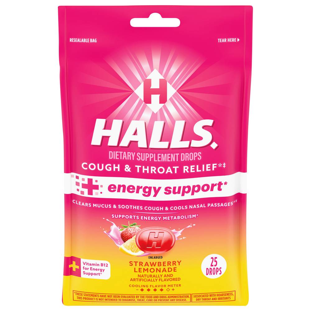 Halls Cough & Throat Relief + Energy Support Drops, Strawberry Lemonade (25 ct)